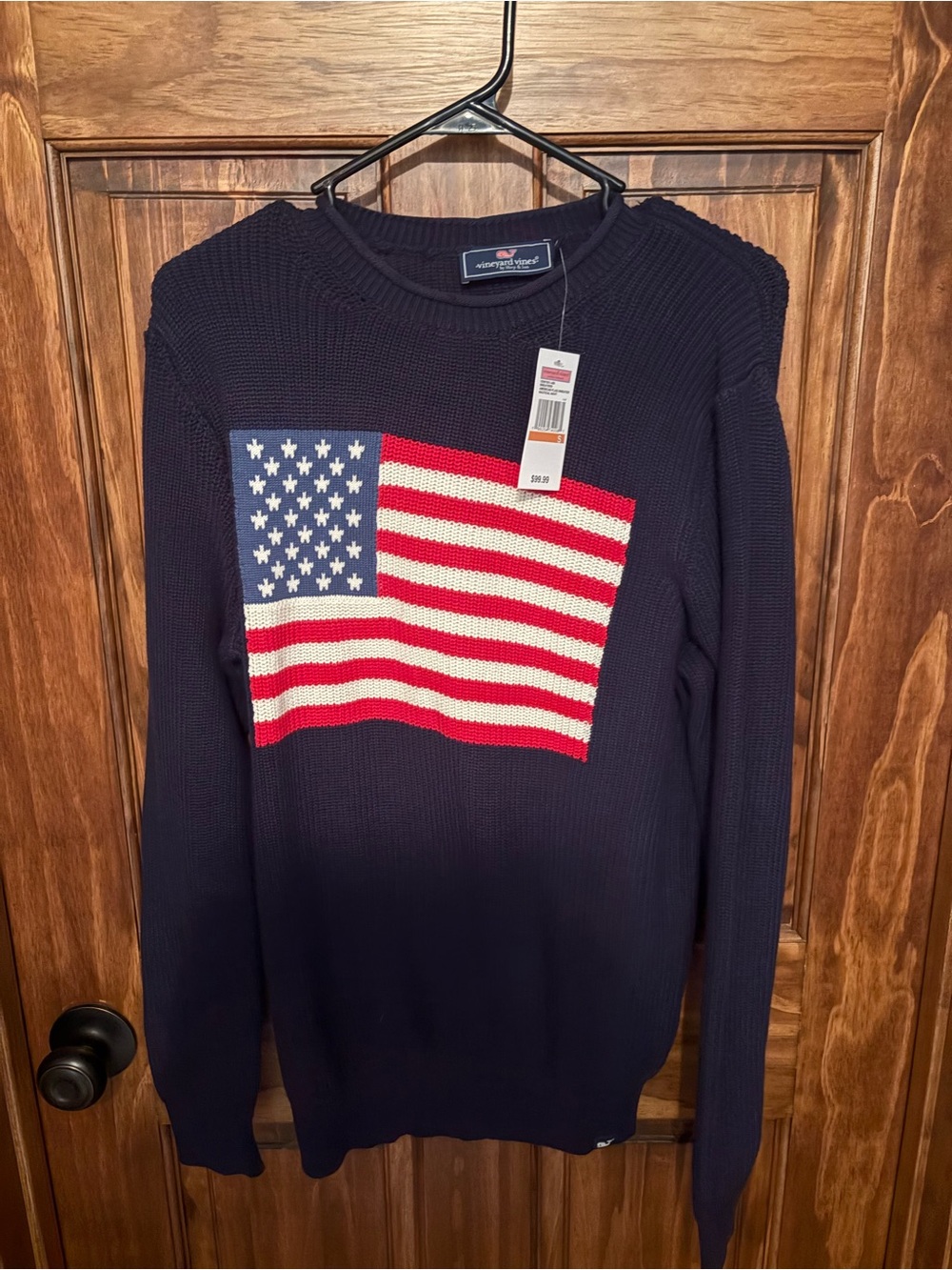 Vineyard Vines Navy Crewneck Sweater with Red, White & Blue Flag